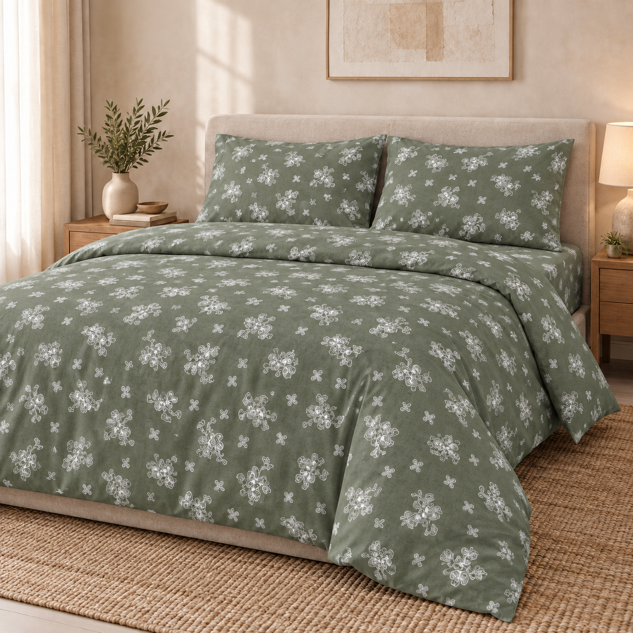 Deco Milano 30155 V-12 çiçek desenli poplin kumaş temsili nevresim ve yatak uygulaması