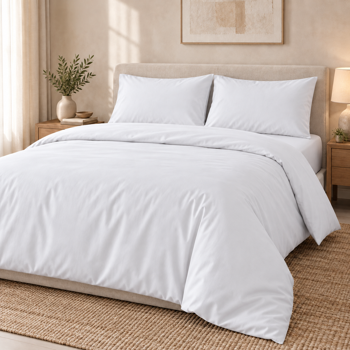 Deco Milano beyaz düz renk poplin kumaşın çarşaf ve nevresim olarak temsili yatak uygulaması