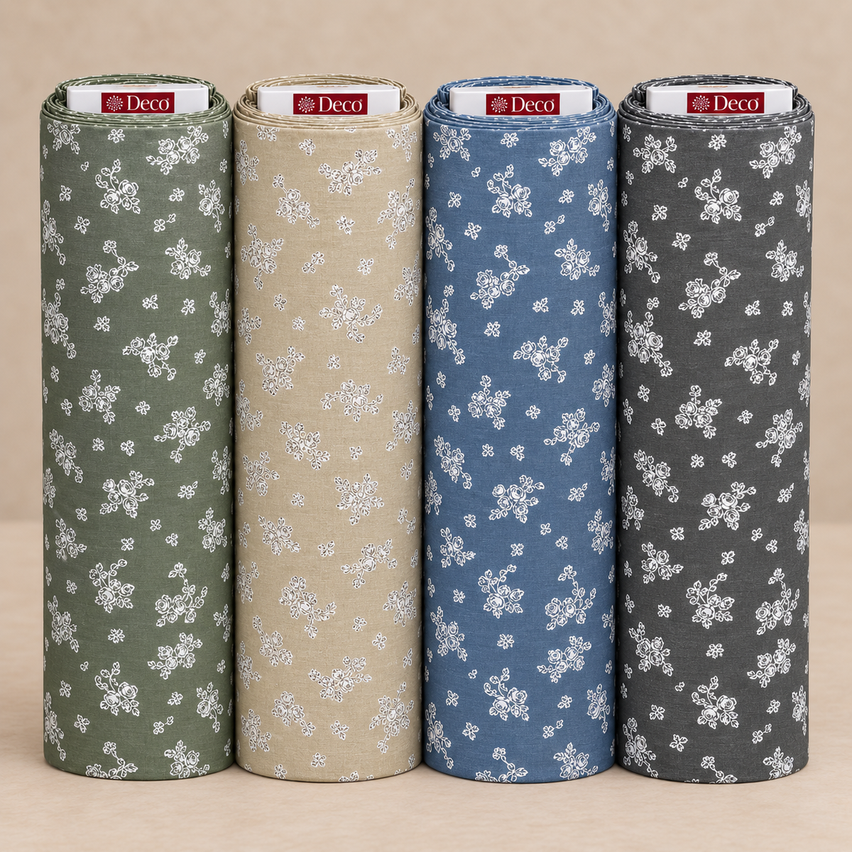 Deco Milano 30155 çiçek desenli poplin kumaş, V-12 V-14 V-11 V-10 renkleri birlikte