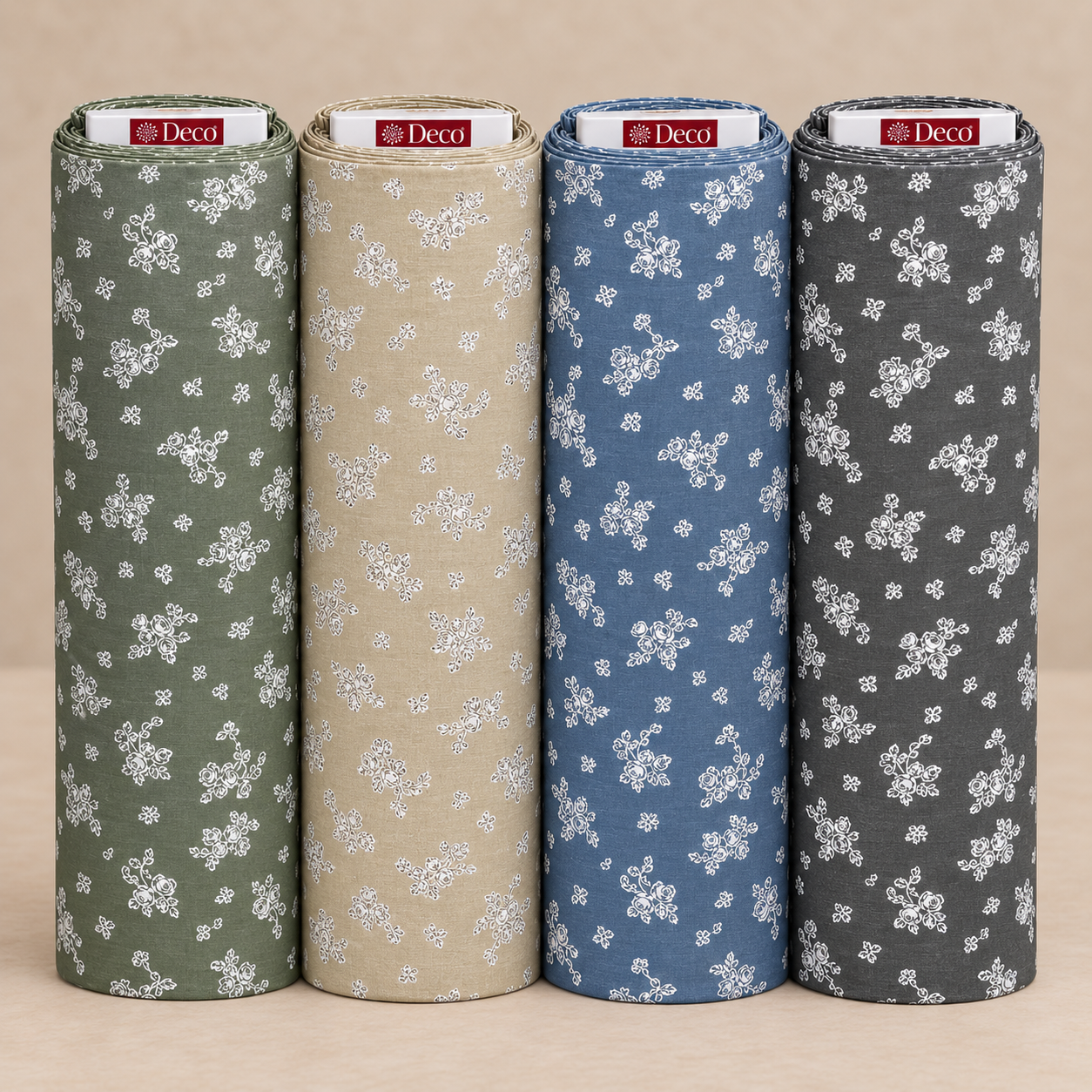 Deco Milano 30155 çiçek desenli poplin kumaş, V-12 V-14 V-11 V-10 renkleri birlikte