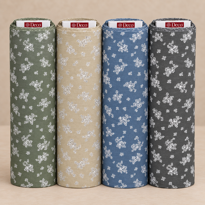 Deco Milano 30155 çiçek desenli poplin kumaş, V-12 V-14 V-11 V-10 renkleri birlikte