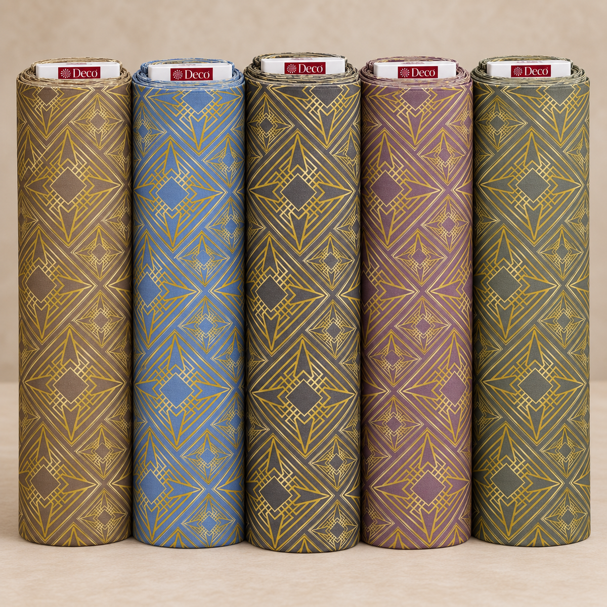 Deco Milano 40347 geometrik desenli poplin kumaş, V-6 V-4 V-1 V-7 V-2 renk varyantları birlikte
