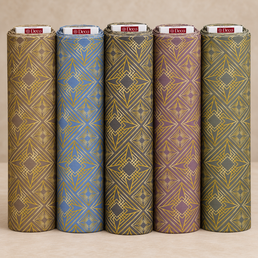 Deco Milano 40347 geometrik desenli poplin kumaş, V-6 V-4 V-1 V-7 V-2 renk varyantları birlikte