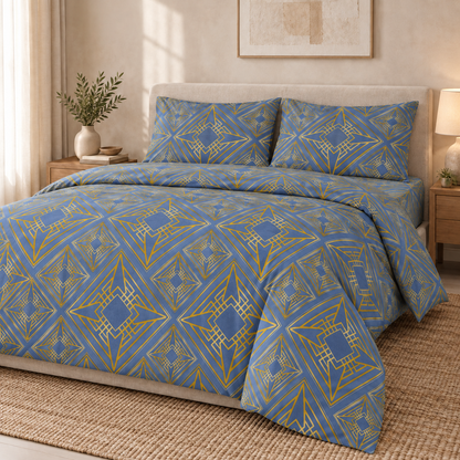 Deco Milano 40347 V-4 geometrik desenli poplin kumaş temsili nevresim ve yatak uygulaması