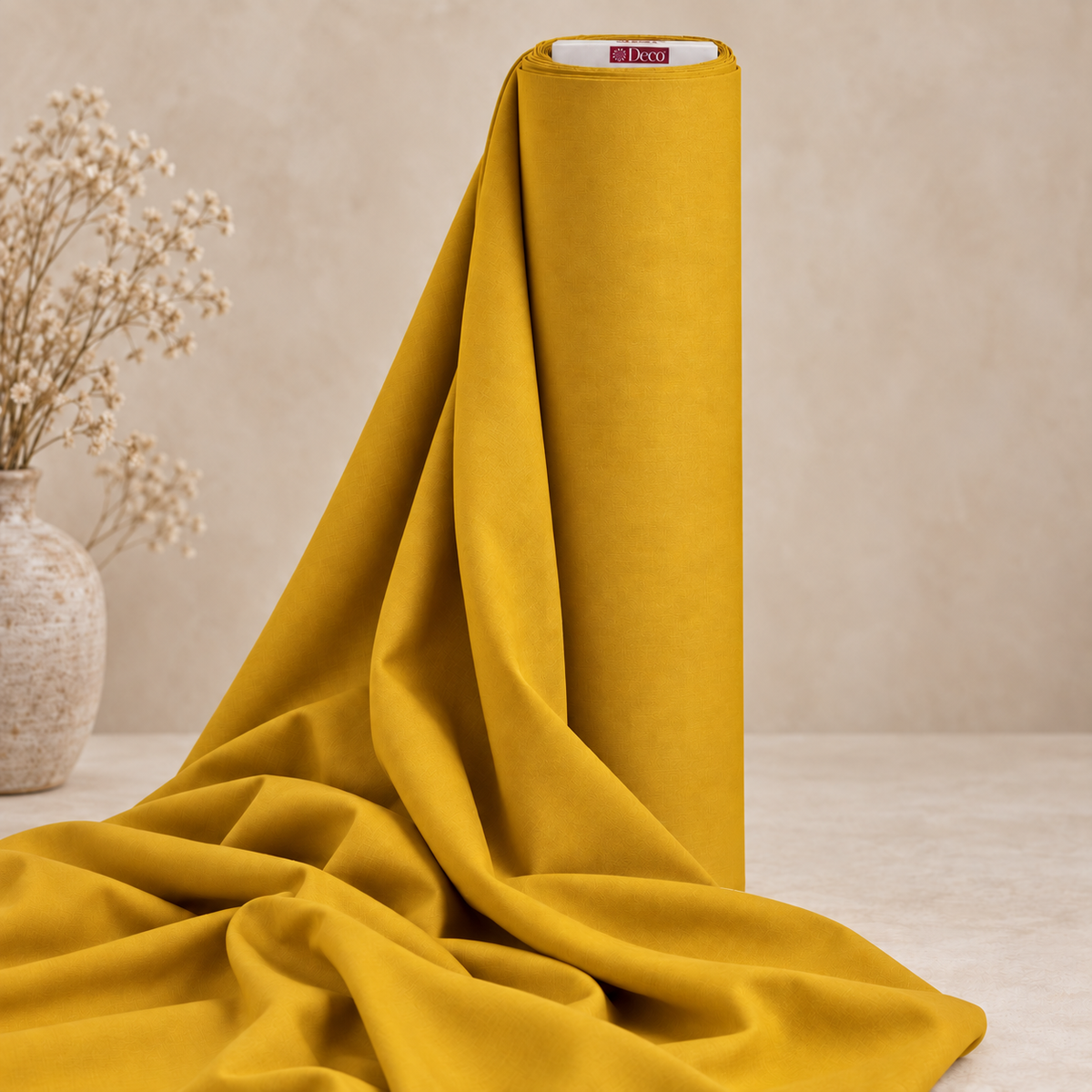 Deco Milano Hardal 220131 düz renk 62 tel poplin kumaşın Deco logolu tambur başıyla rulo görünümü