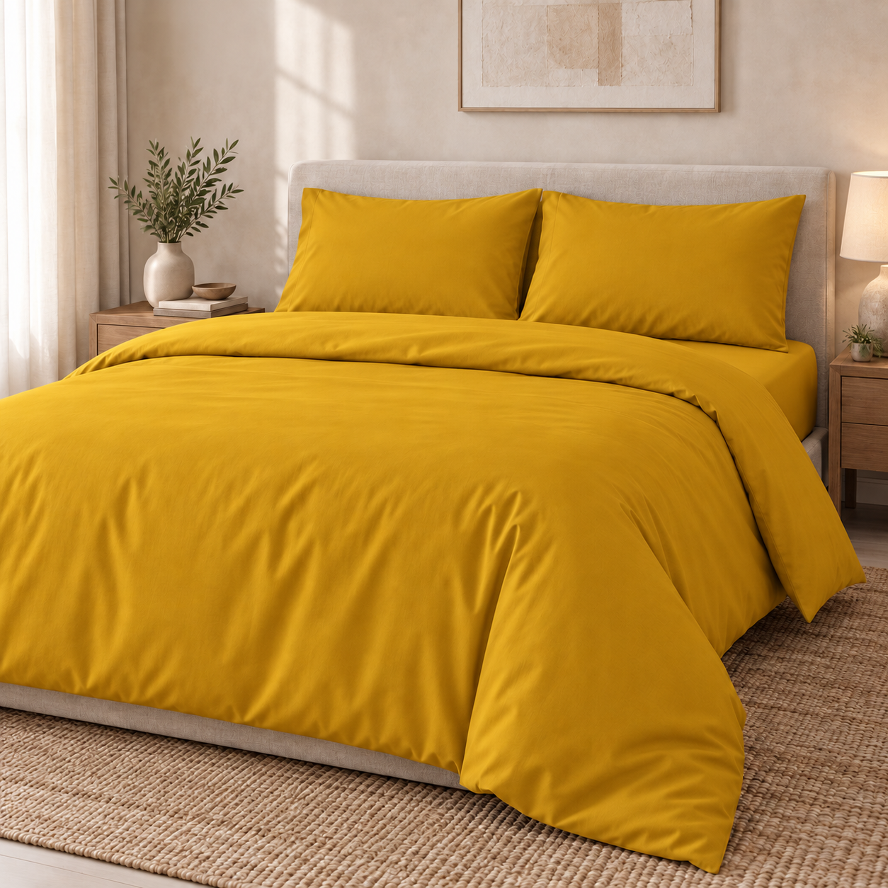 Deco Milano Hardal 220131 düz renk poplin kumaşın çarşaf ve nevresim olarak kullanım görselleştirmesi