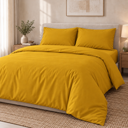 Deco Milano Hardal 220131 düz renk poplin kumaşın çarşaf ve nevresim olarak kullanım görselleştirmesi