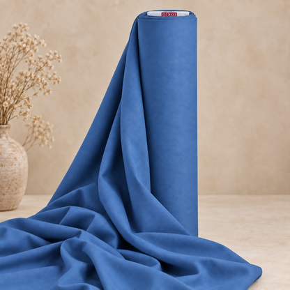 Deco Milano İndigo 222280 düz renk poplin kumaş, Deco logolu beyaz tambur başıyla rulo görünümü