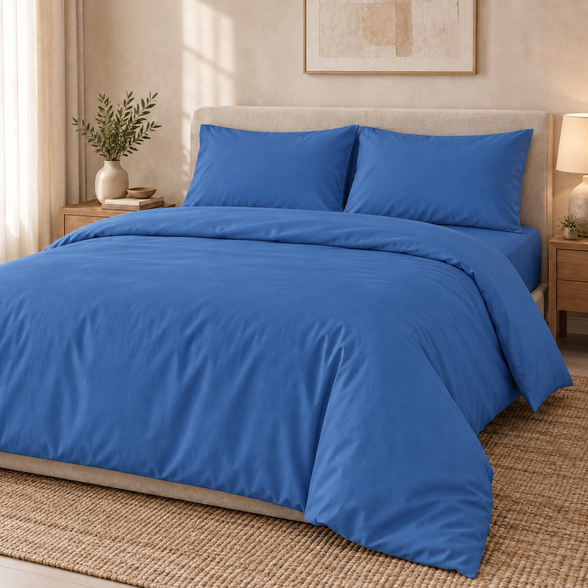 Deco Milano İndigo 222280 düz renk poplin kumaşın çarşaf ve nevresim olarak kullanım görselleştirmesi