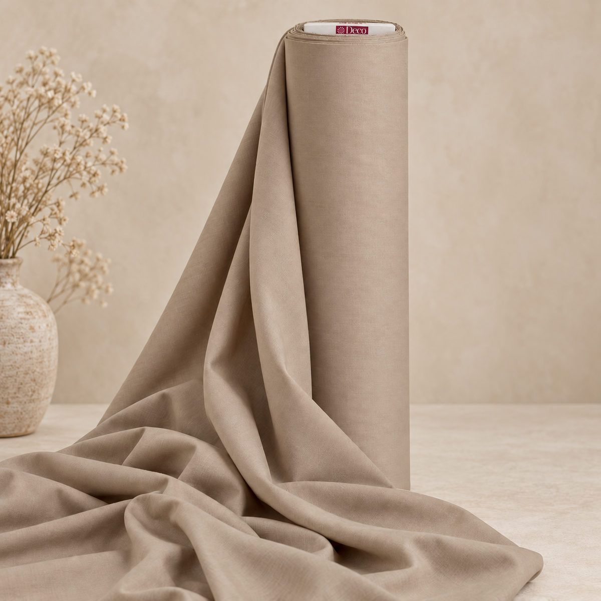 Deco Milano Kahve 221078 düz renk poplin kumaş, Deco logolu beyaz tambur başıyla rulo görünümü