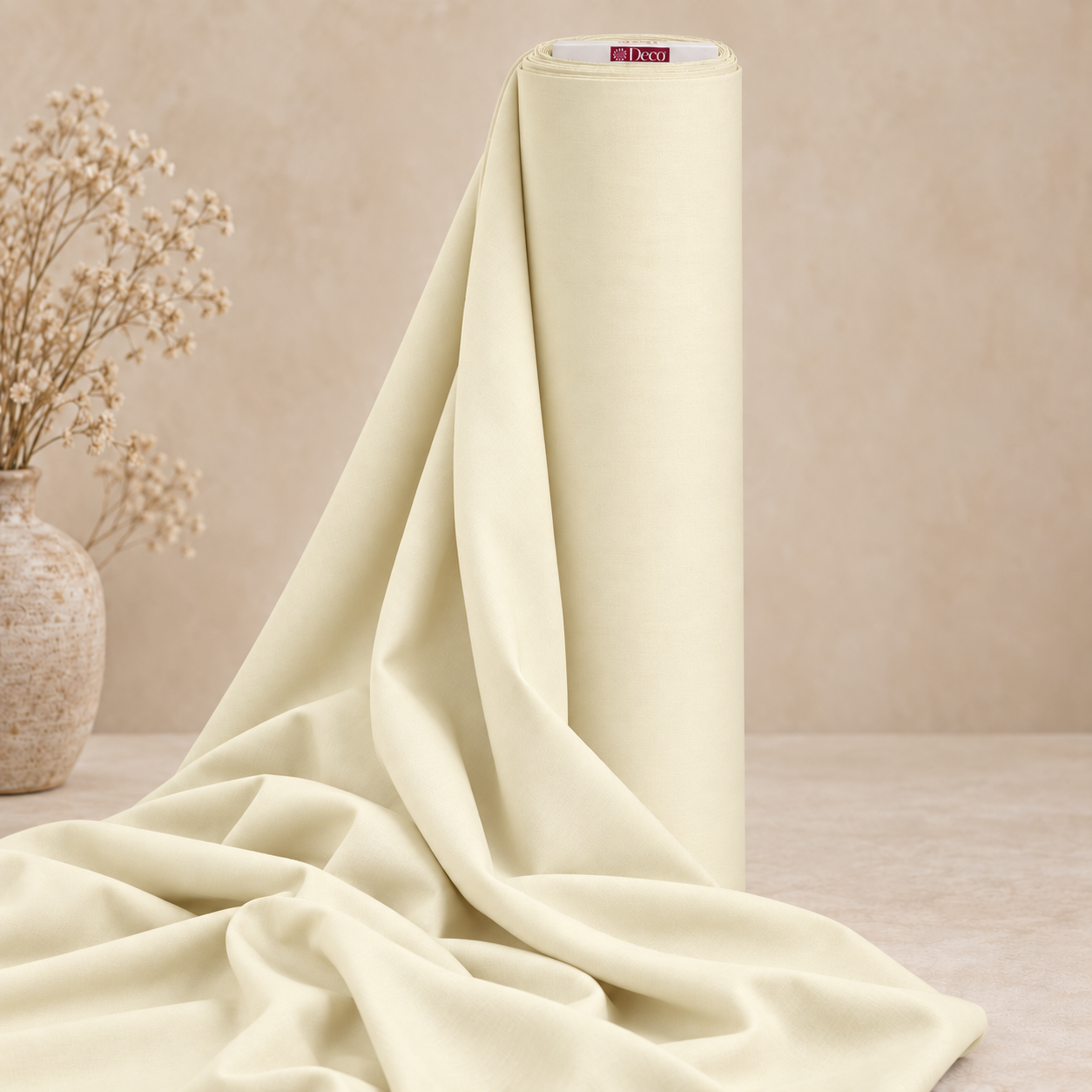 Deco Milano Krem 212075 düz renk poplin kumaş, Deco logolu tambur başıyla rulo görünümü