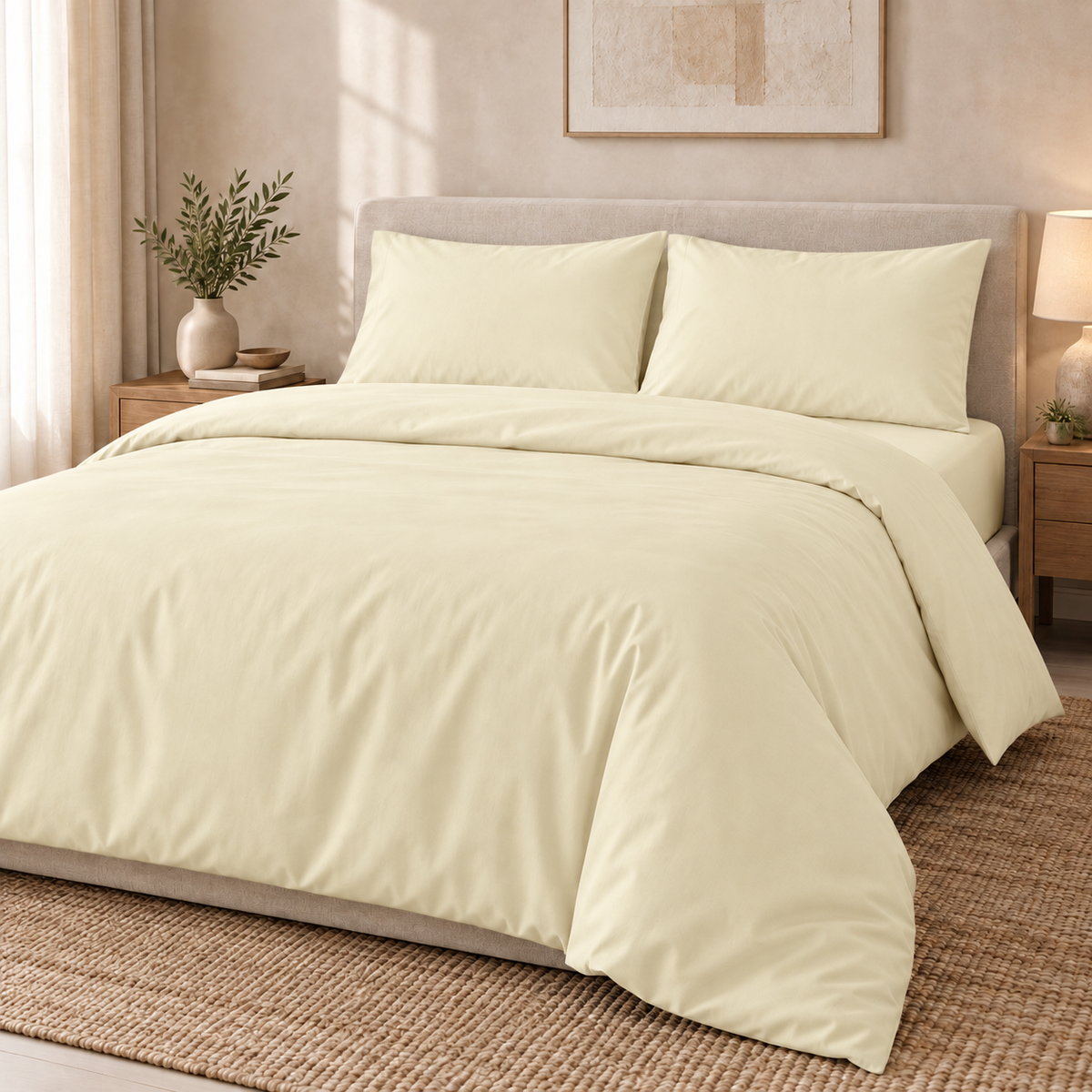 Deco Milano Krem 212075 düz renk poplin kumaşın çarşaf ve nevresim olarak temsili yatak uygulaması